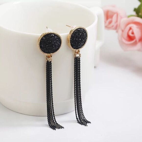 💎63💎 Modern Black Druzy with Long Black Chain Tassel Stud Earrings … - Picture 11 of 16